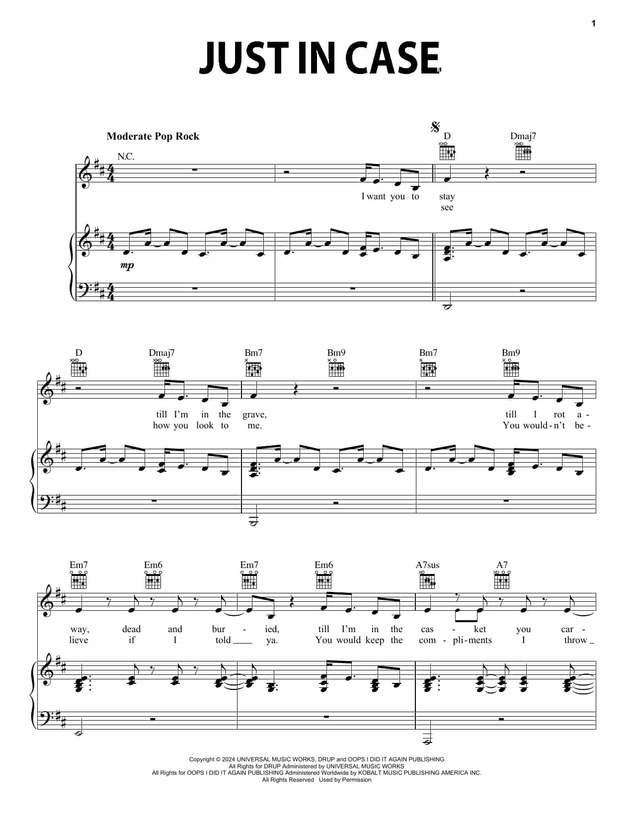 Morgan Wallen Just in Case Sheet Music for Piano