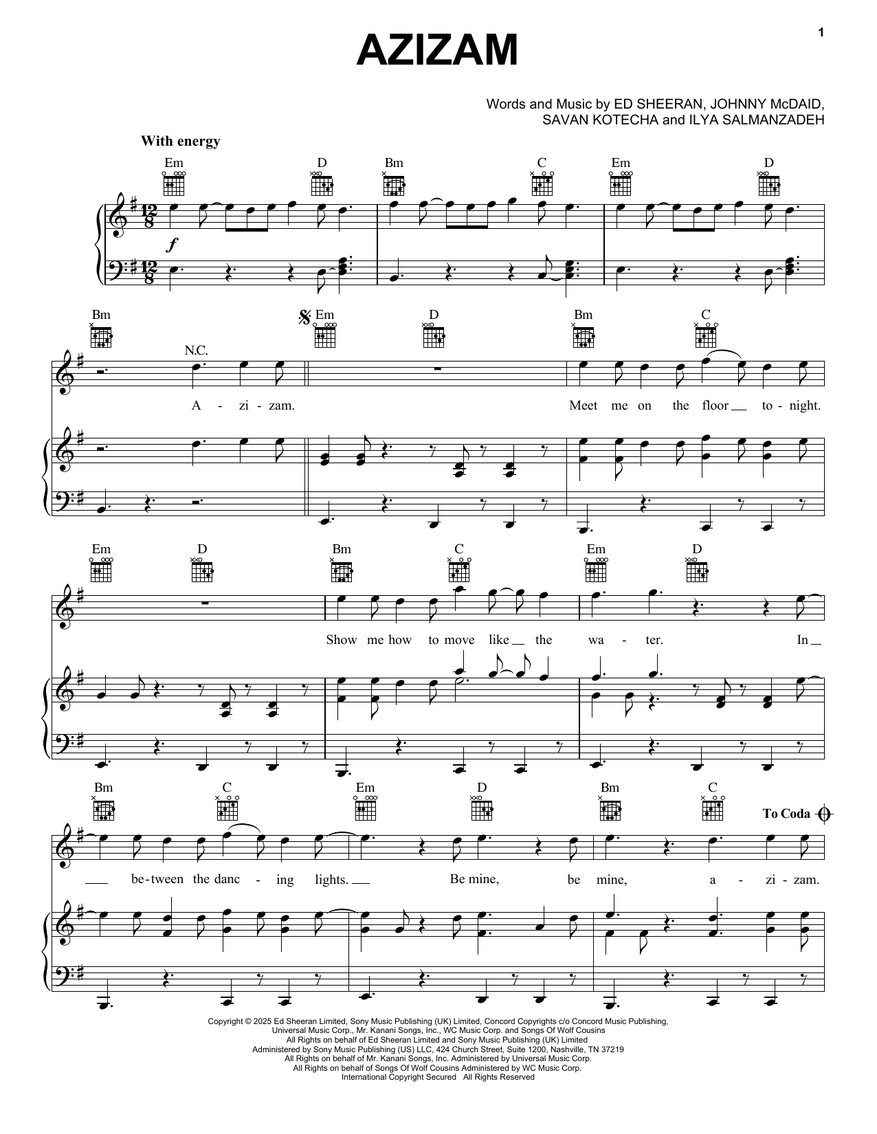 Ed Sheeran Azizam Sheet Music for piano, guitar and vocal PDF.
