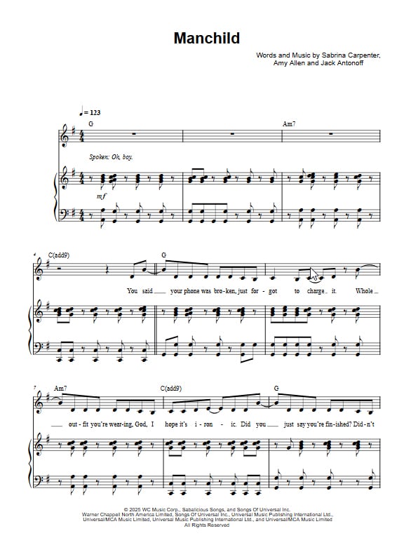 Sabrina Carpenter Manchild piano chord chart with G, A minor, and C
