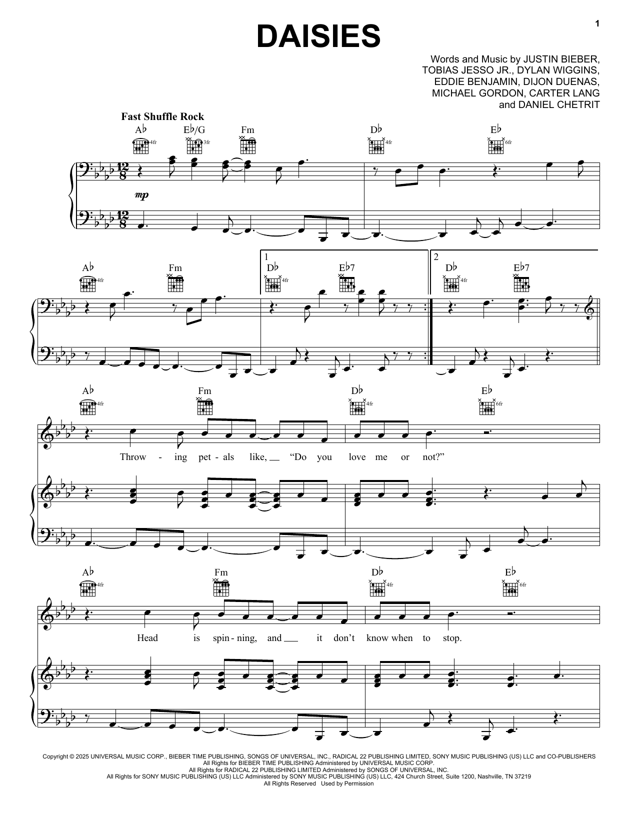 Download Justin Bieber Daisies Sheet Music for Piano Guitar and Vocals - PDF Chords
