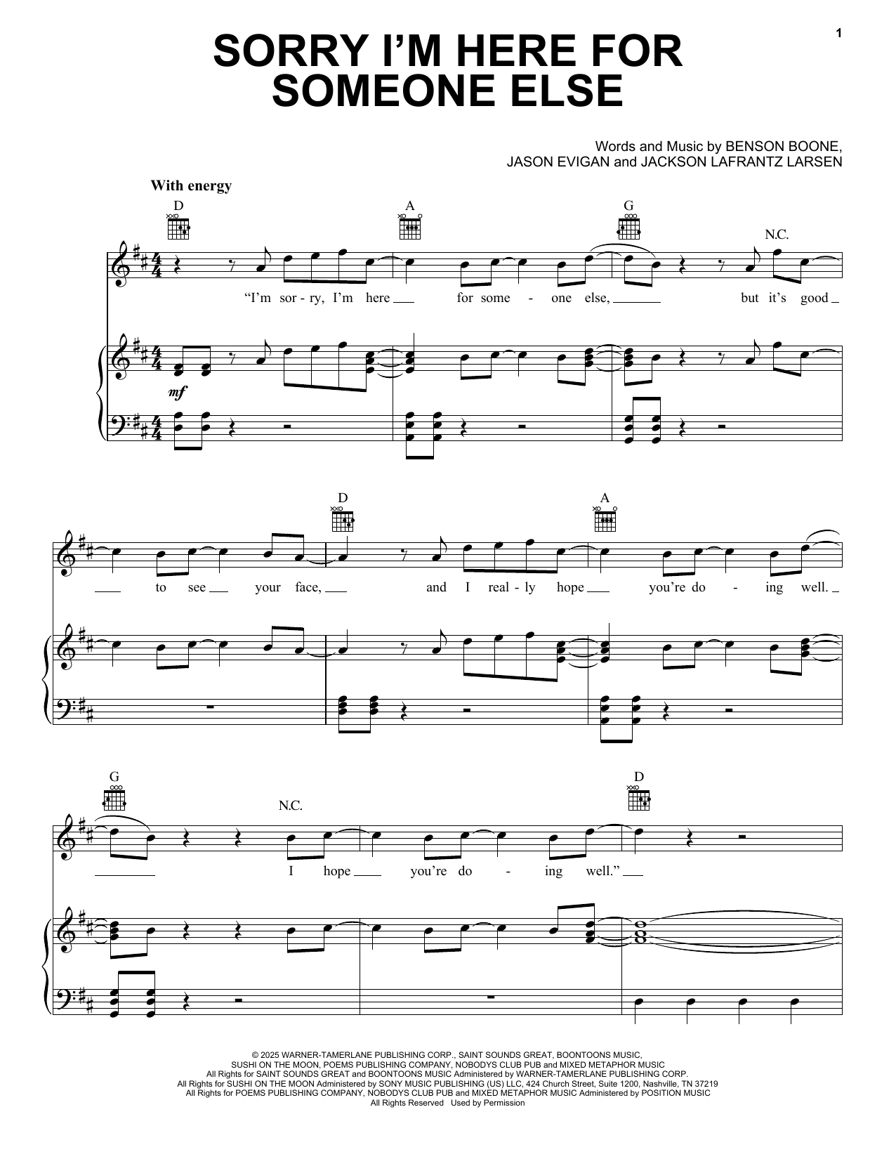 First page preview of Sorry I'm Here For Someone Else sheet music by Benson Boone